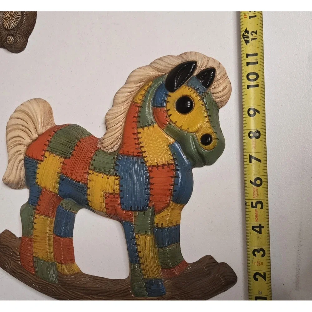 Vintage Patchwork Bear & Rocking‎ Horse Wall Plaques 80s Nursery Decor SetFoam